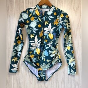 Axesea Floral Long Sleeve One-Piece Swimsuit Green Yellow Size 6